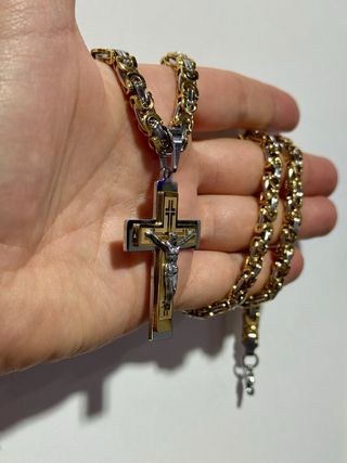 Collana croce Gesù oro/argento - 60cm acciaio inox