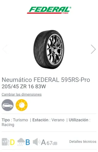 Dos Neumáticos FEDERAL 595RS-Pro 205/45 ZR 16 83W