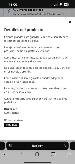 Vitrina blanca con cajones y cristal