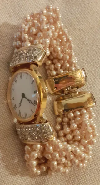 Orologio bracciale perle e strass oro