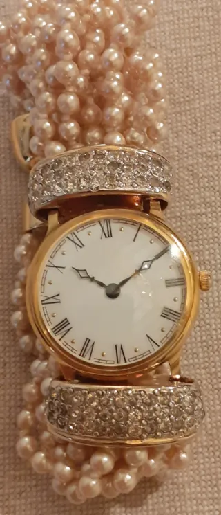 Orologio bracciale perle e strass oro