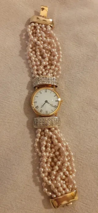 Orologio bracciale perle e strass oro