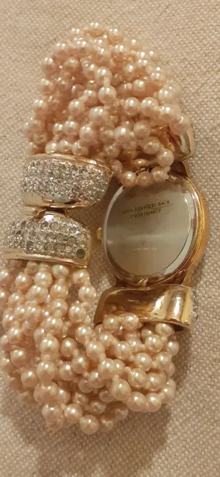 Orologio bracciale perle e strass oro