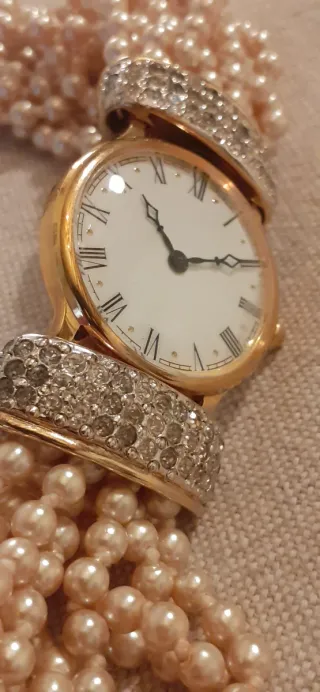 Orologio bracciale perle e strass oro