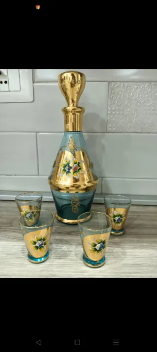 Set Decanter Vintage Vetro Blu Oro