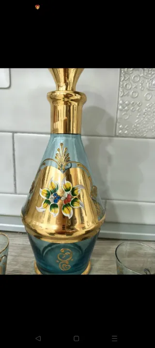 Set Decanter Vintage Vetro Blu Oro