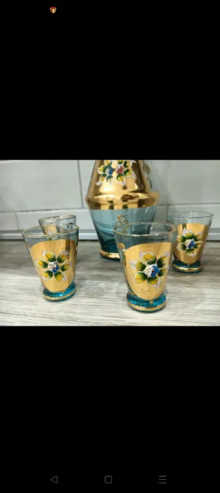 Set Decanter Vintage Vetro Blu Oro