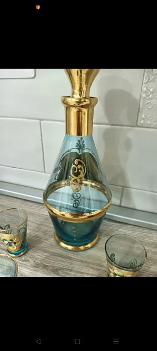 Set Decanter Vintage Vetro Blu Oro
