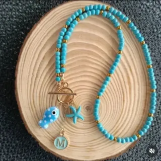 Collar Cuentas Turquesa y Doradas