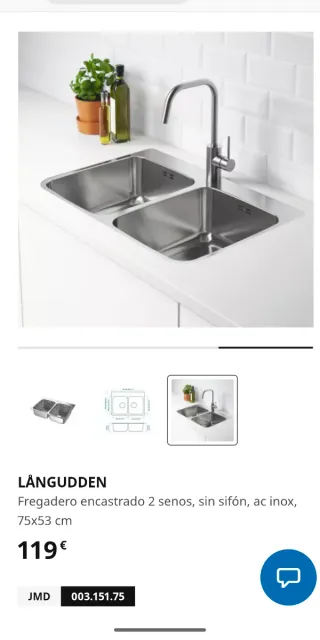 Fregadero LÅNGUDDEN 2 senos inox 75x53