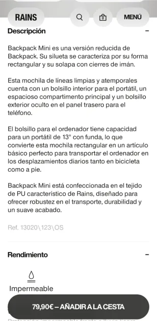 Bolso/Mochila unisex marca RAINS impermeable