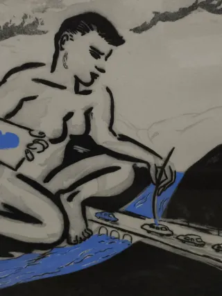 Grabado antiguo titulado Río azul