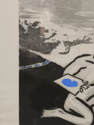 Grabado antiguo titulado Río azul