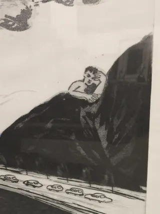 Grabado antiguo titulado Río azul