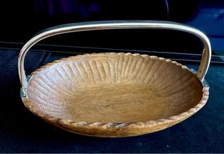 Cuenco madera ovalado con asa plata 935 vintage