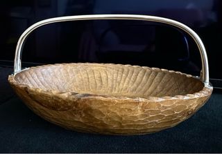 Cuenco madera ovalado con asa plata 935 vintage