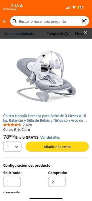 Hamaca bebé Chicco gris