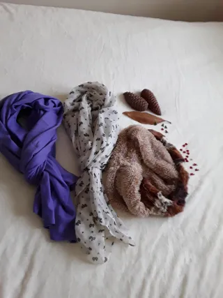 Lote bufandas y foulard beige y morado