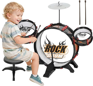 Set Batteria Giocattolo per Bambini con Sgabello,