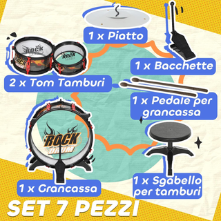 Set Batteria Giocattolo per Bambini con Sgabello,