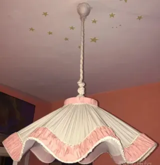 Lampadario Macramè Raso Anni '60 Panna Rosa