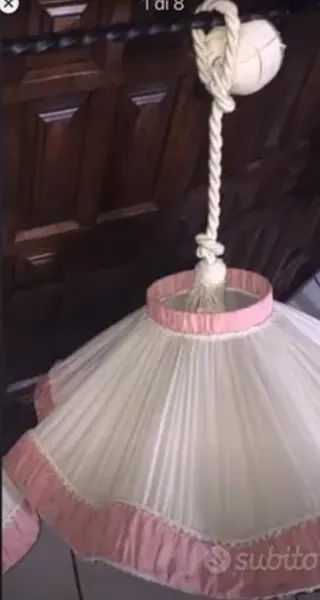 Lampadario Macramè Raso Anni '60 Panna Rosa