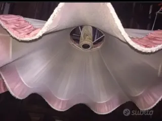 Lampadario Macramè Raso Anni '60 Panna Rosa