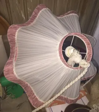 Lampadario Macramè Raso Anni '60 Panna Rosa