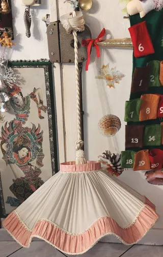 Lampadario Macramè Raso Anni '60 Panna Rosa