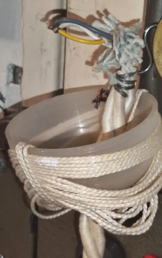 Lampadario Macramè Raso Anni '60 Panna Rosa