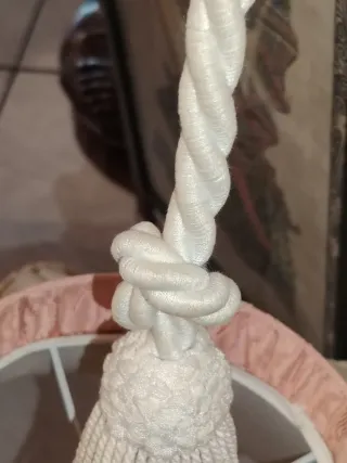 Lampadario Macramè Raso Anni '60 Panna Rosa