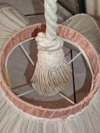 Lampadario Macramè Raso Anni '60 Panna Rosa