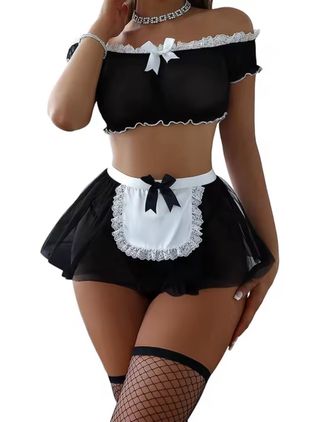 Conjunto Lenceria Encaje Sirvienta Negro sexy