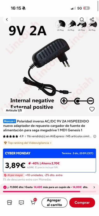 Cargador HISPEEDIDO 9V 2A Megadrive 1