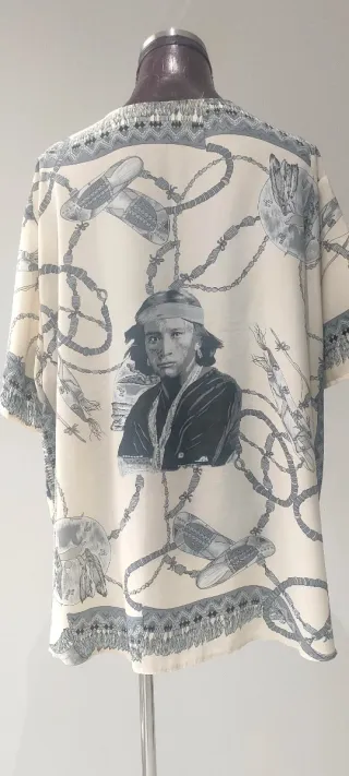 Camisa manga corta fantasía beige/gris