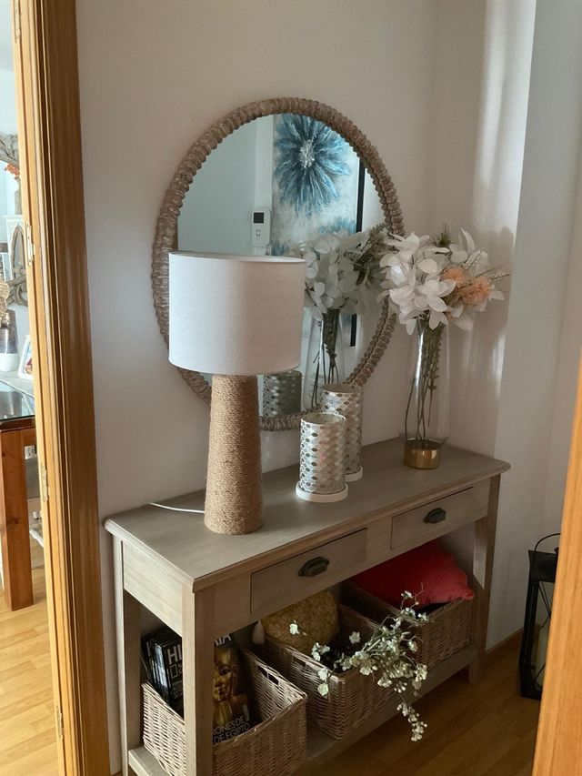 Espejo redondo moderno mimbre y madera