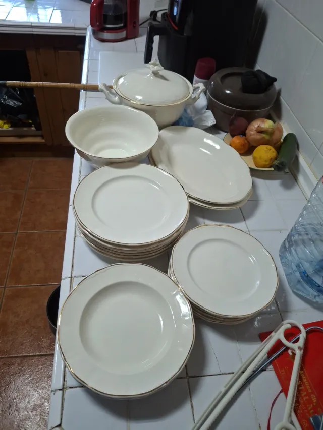 Vajilla de porcelana blanca con filo dorado