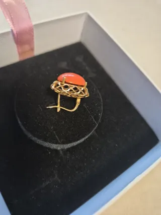 Conjunto Oro 18k Coral Anillo y Pendientes