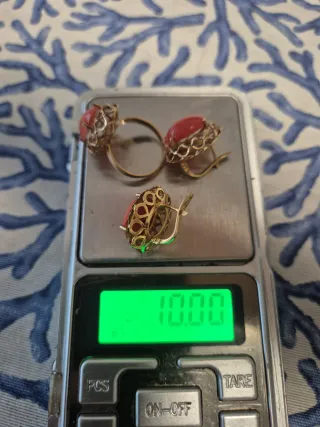 Conjunto Oro 18k Coral Anillo y Pendientes