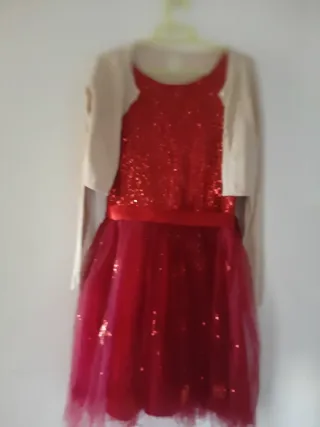 Vestido fiesta lentejuelas rojo+ torera beig.