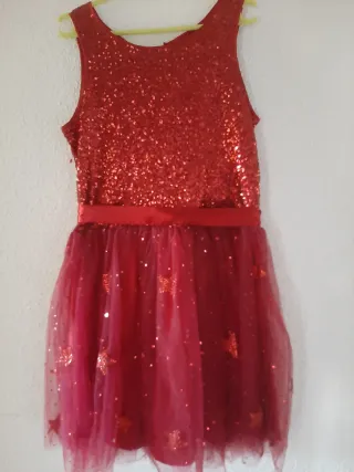 Vestido fiesta lentejuelas rojo+ torera beig.