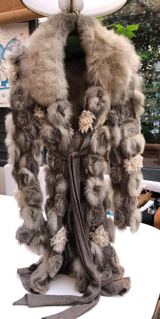 Abrigo punto Cachemira y piel beige/marrón