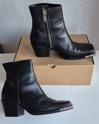 Botines Mango Piel Punta Cuadrada Cremallera