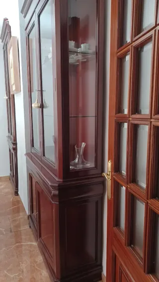 Vitrina de madera y cristal con cajón y puertas.