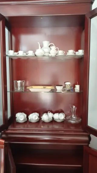 Vitrina de madera y cristal con cajón y puertas.