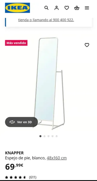 Espejo IKEA KNAPPER blanco 48x160 cm