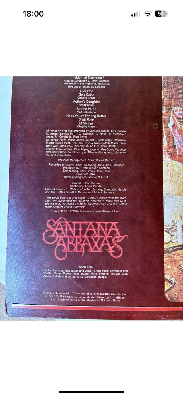 Vinile 33 Giri Santana Abraxas CBS USA 1970