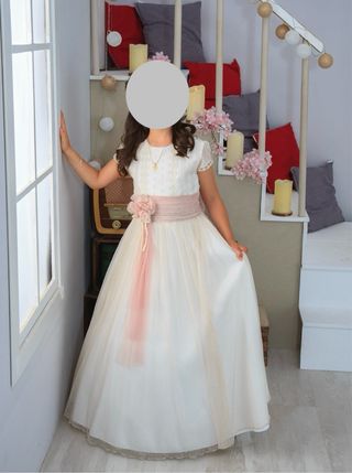 Vestido de comunión niña blanco y rosa