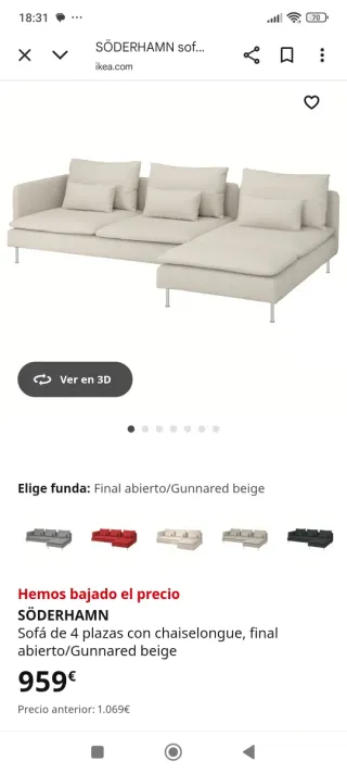 Sofá IKEA SÖDERHAMN 3 plazas + chaiselongue