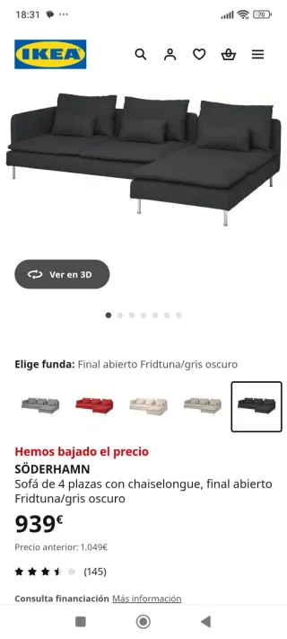 Sofá IKEA SÖDERHAMN 3 plazas + chaiselongue